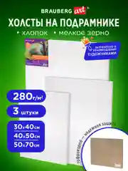 Холст, полотно для рисования на подрамнике в коробе, 3 штуки, 280 г/м2 Brauberg 880328
