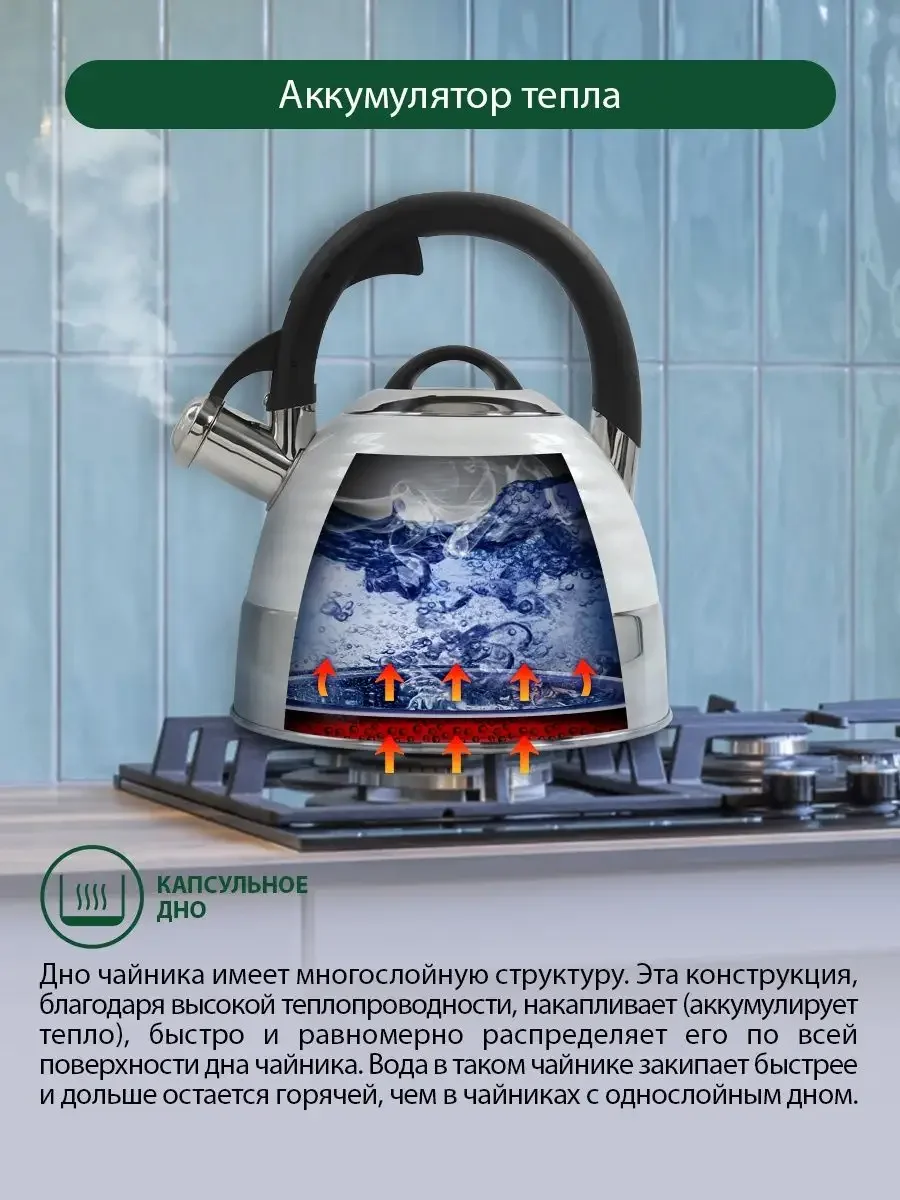 Белый чайник со свистком MARTA MT-3098 3 л, капсульное дно, нержавеющая сталь, белый