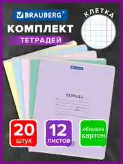 Тетрадь школьная для учебы в клетку Brauberg, 12 листов, набор 20 штук, 880046