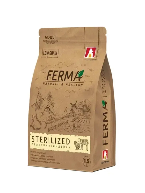 Сухой корм для взрослых котов Зоогурман FERMA STERILISED, Телятина/Индейка, 1,5 кг