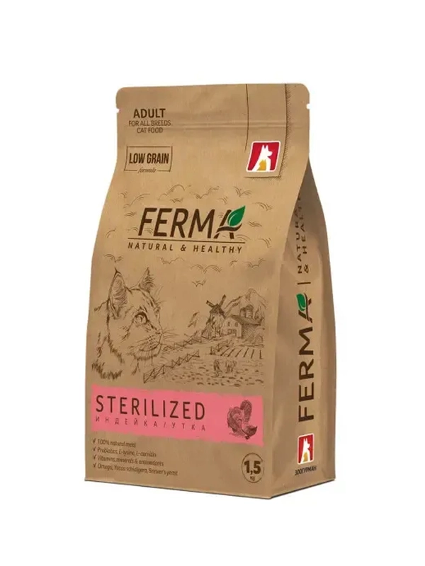 Сухой корм Zoogurman Ferma sterilised Индейка, утка, для взрослых котов и кошек, 1,5 кг