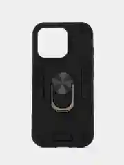 Черный чехол противоударный iPhone 16 PRO (Айфон 16 ПРО), с металлической подставкой кольцом