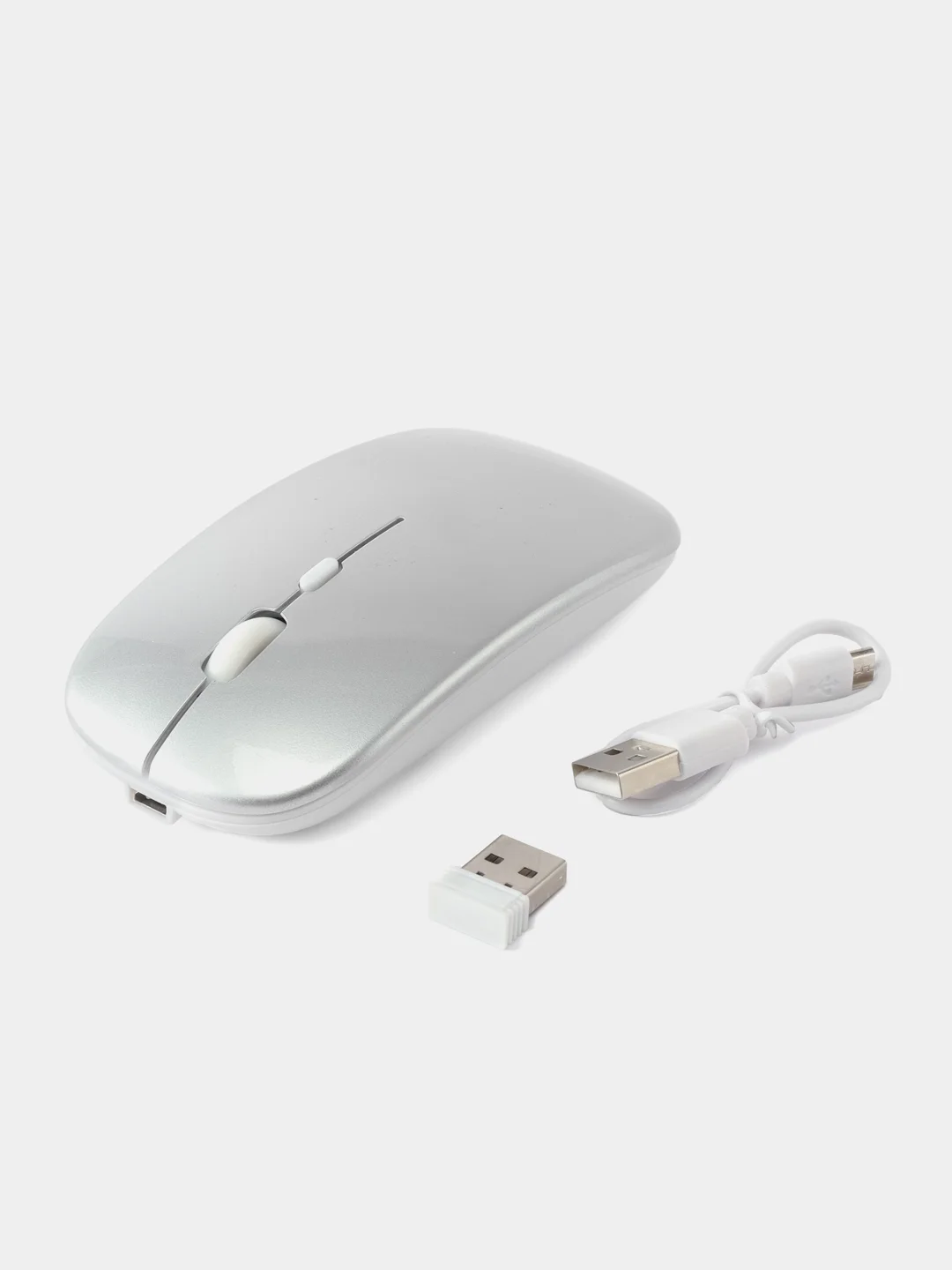 Серебряный мышь беспроводная с Bluetooth и USB-адаптер, бесшумная с USB зарядкой, 2.4GHz для ноутбука