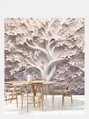 Бежевый фотообои 3D на стену флизелиновые "Цветочное дерево" 283*300 см, обои моющиеся