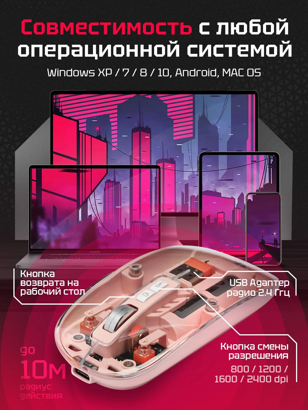 Розовый беспроводная мышь, прозрачная, бесшумная, с Bluetooth, аккумуляторная компьютерная