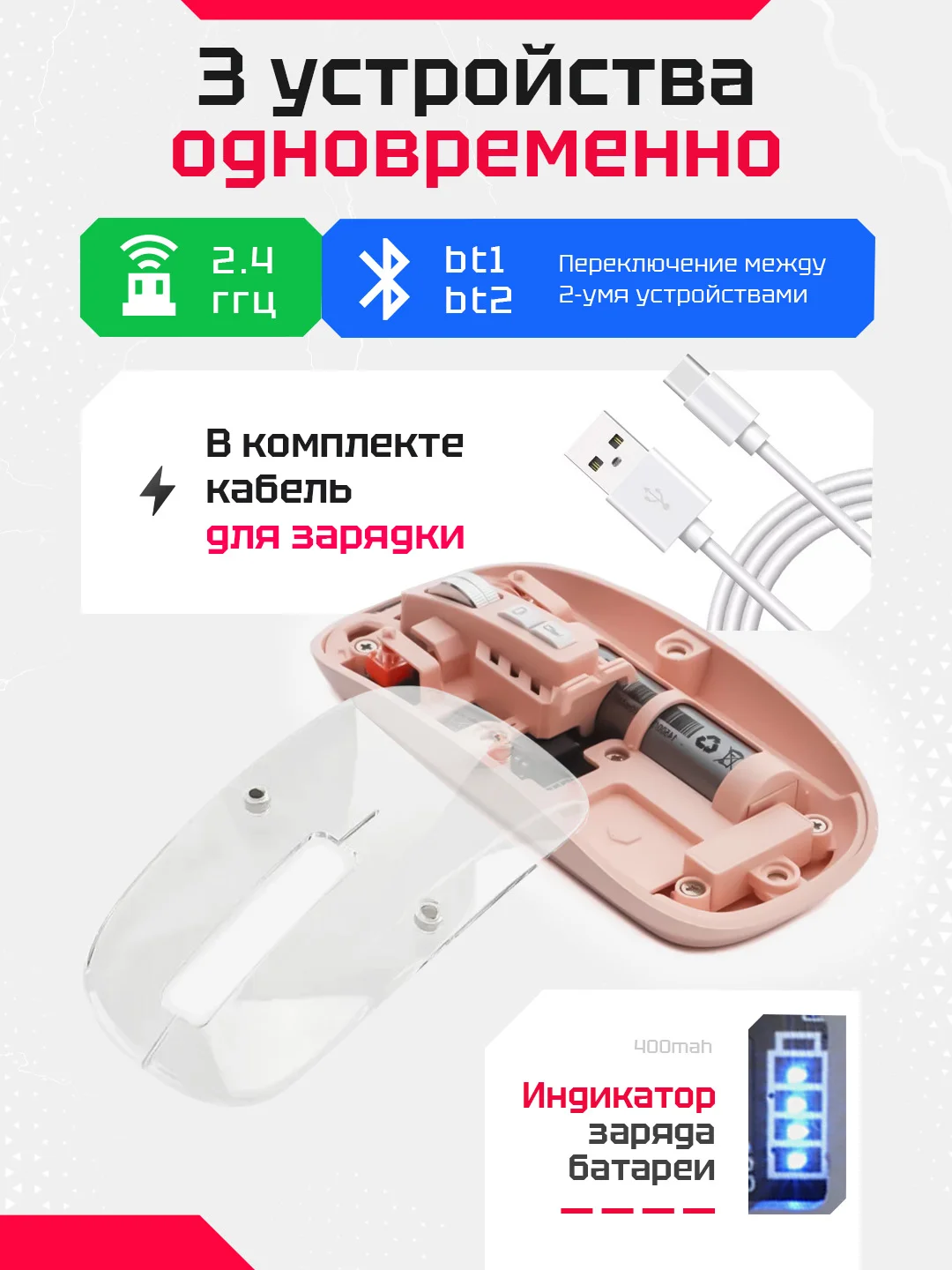 Розовый беспроводная мышь, прозрачная, бесшумная, с Bluetooth, аккумуляторная компьютерная