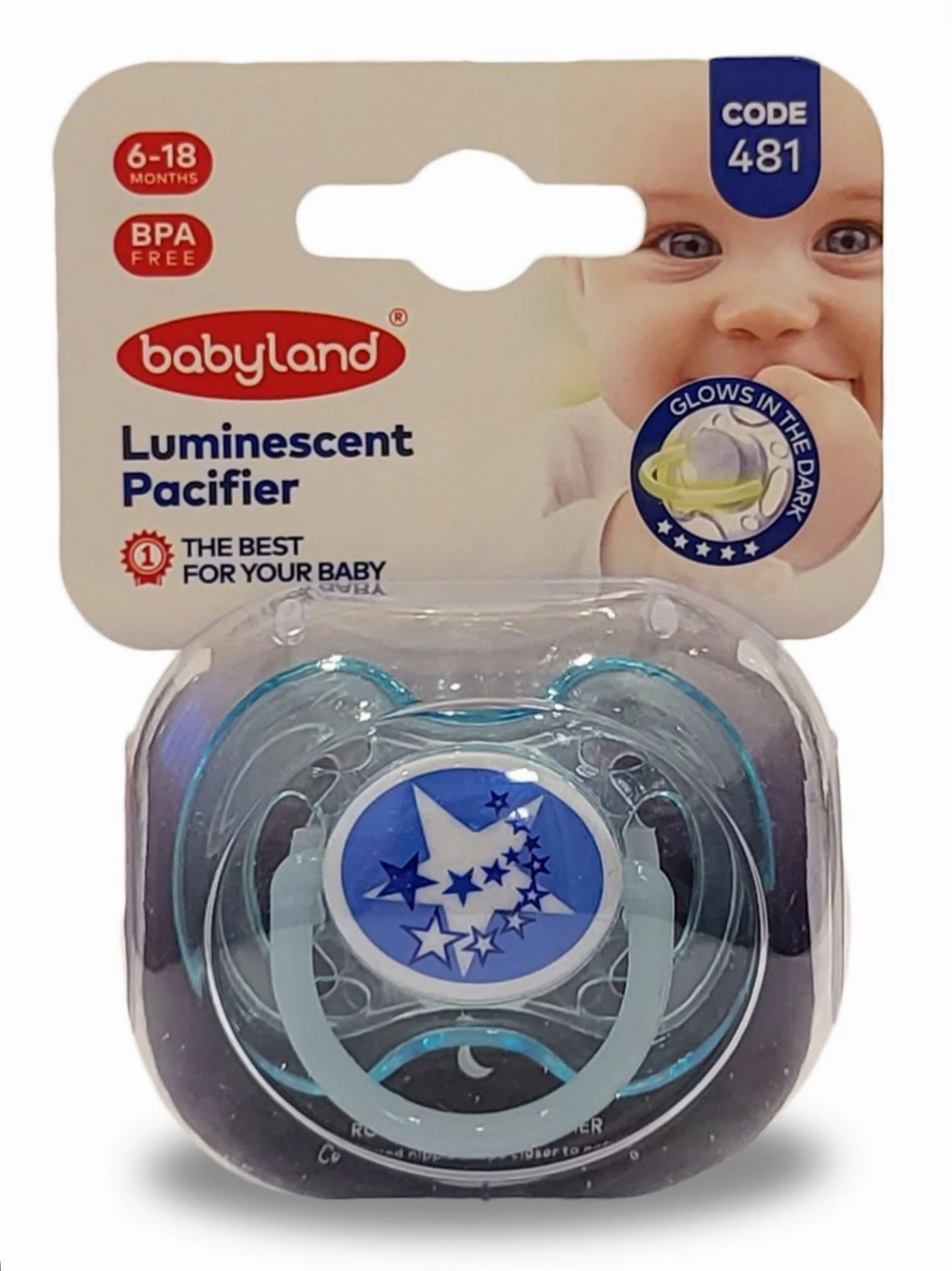 Голубой соска-пустышка Baby Land  ночная силиконовая круглая, 6 мес+