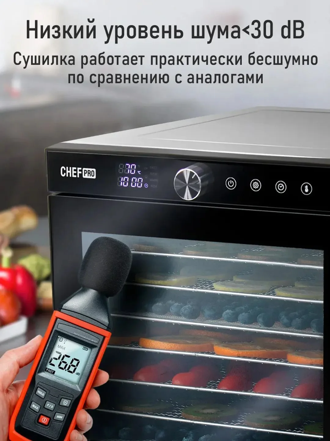 Черный профессиональная электросушилка с горизонтальным обдувом CHEF PRO CF-FD805A 12 поддонов