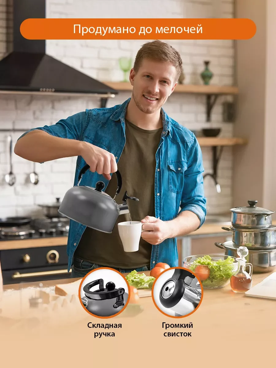 Серый чайник со свистком HOME ELEMENT HE-WK1602, 2л, нерж. сталь, темно-серый матовый