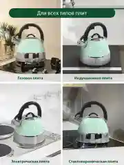 Зеленый чайник со свистком MARTA MT-3098 3 л, капсульное дно, нержавеющая сталь, ментол