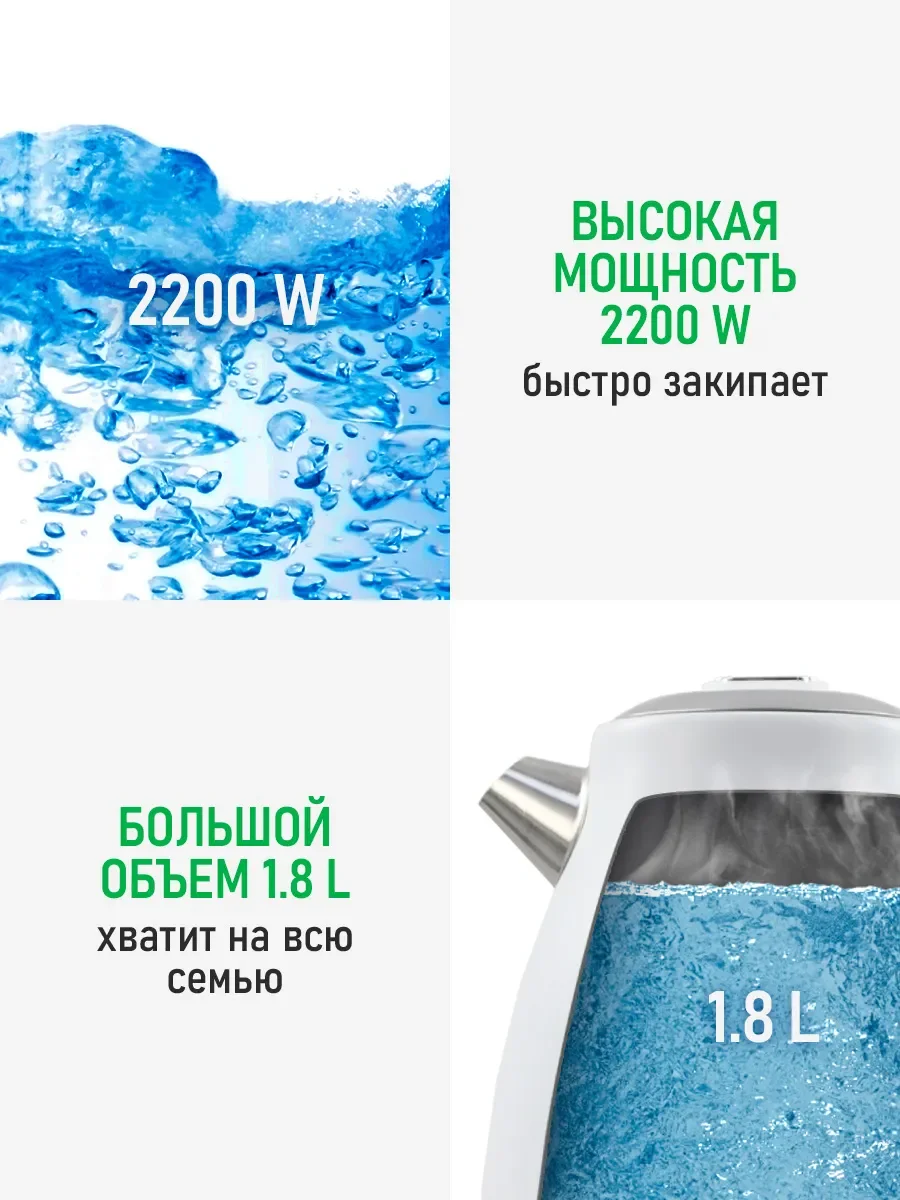 Белый чайник электрический MARTA MT-4646 металлический/ 2200W/ Объем-1,8л/ белый