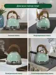 Зеленый чайник со свистком MARTA MT-3094 2,8 л, чайник для плиты нержавеющая сталь, ментол