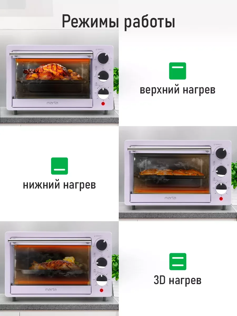 Розовый духовой шкаф MARTA MT-EO4283A /1500 Вт/Объем: 18л/4 нагревательных элемента/3 режима