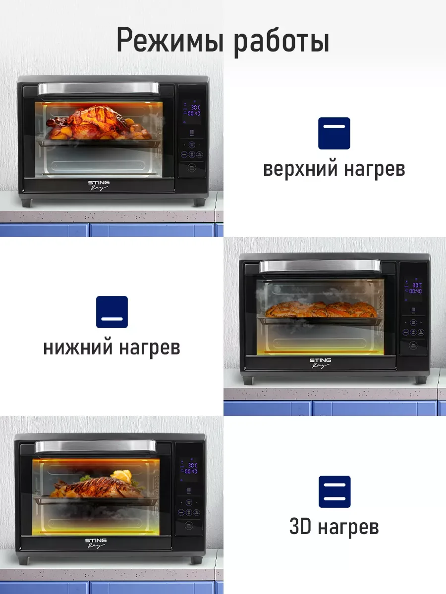 Черный духовой шкаф STINGRAY ST-EO108A черный/сталь (40 литров, 8 режимов)