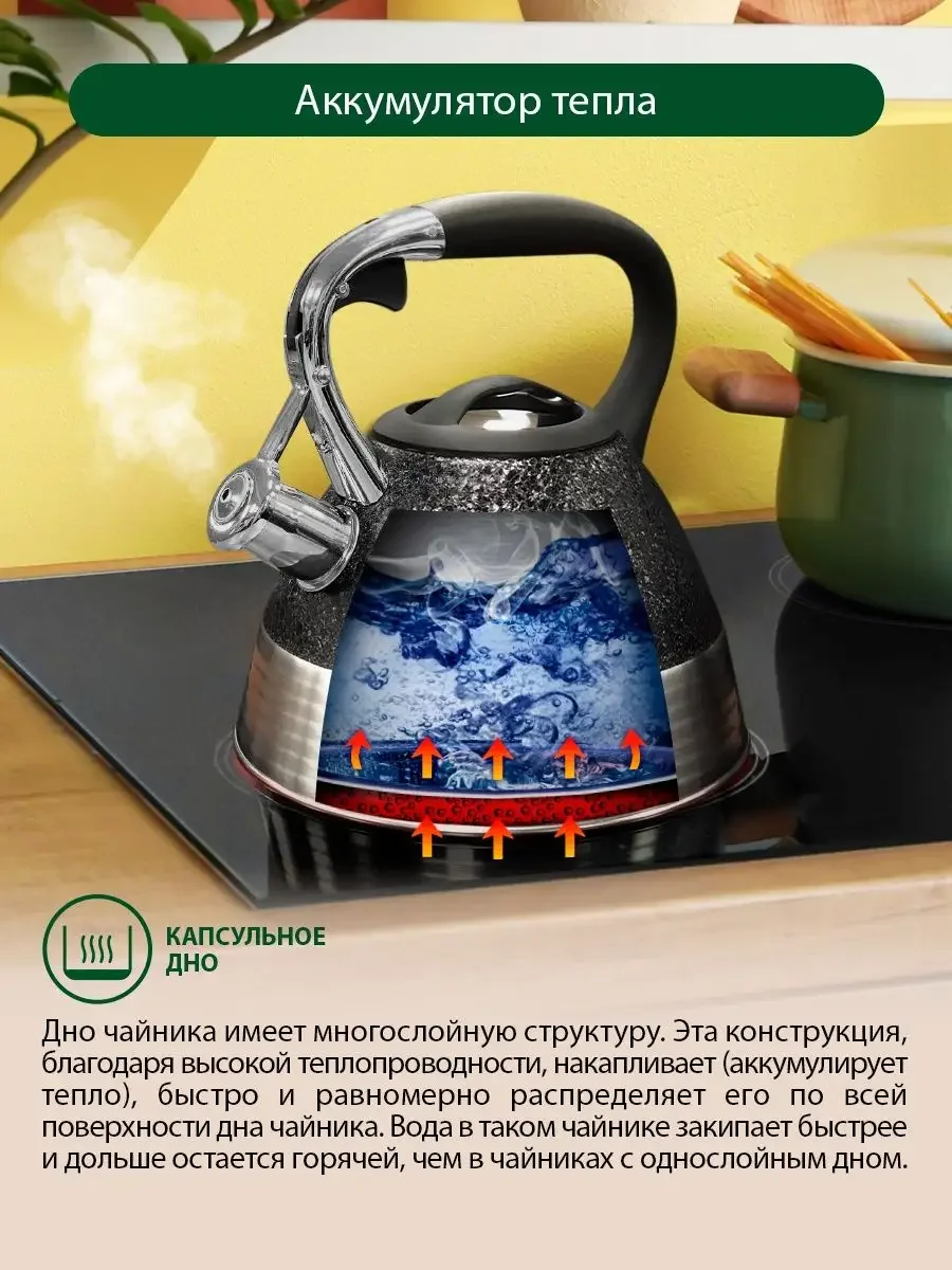 Черный чайник со свистком MARTA MT-3082 3 л, нерж. сталь, черный камень