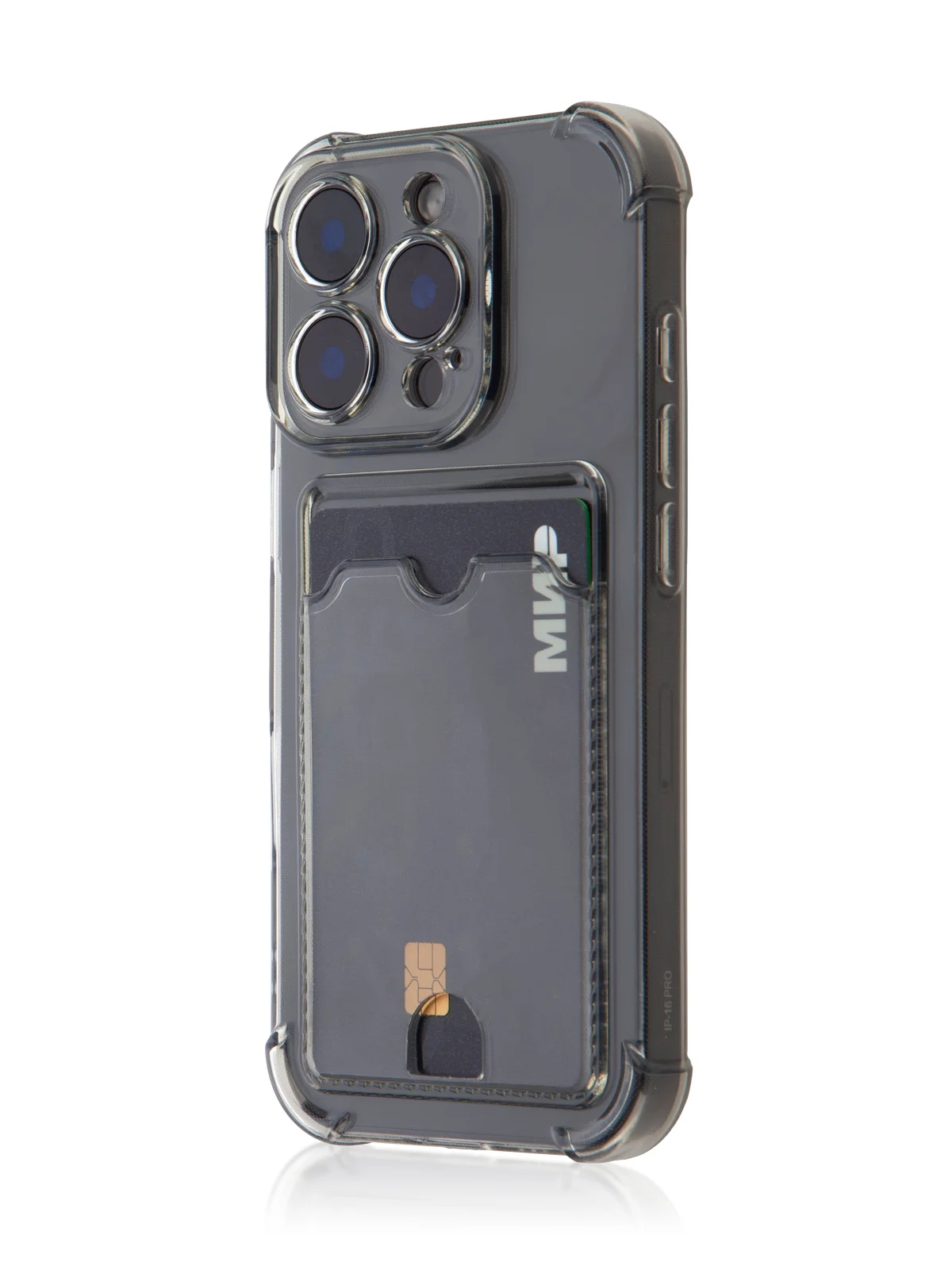 Серый чехол для Apple iPhone 16 Pro противоударный Rosco силиконовый с карманом для карт, углами
