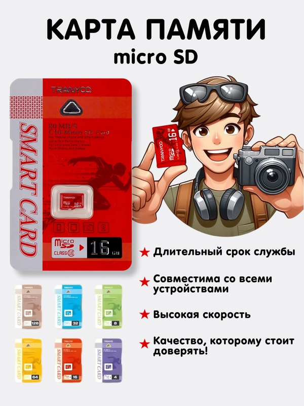 Карта памяти Tranyoo microSD 4/8/16/32/64/128GB, Premium Class, micro SD, микро сд, флешка
