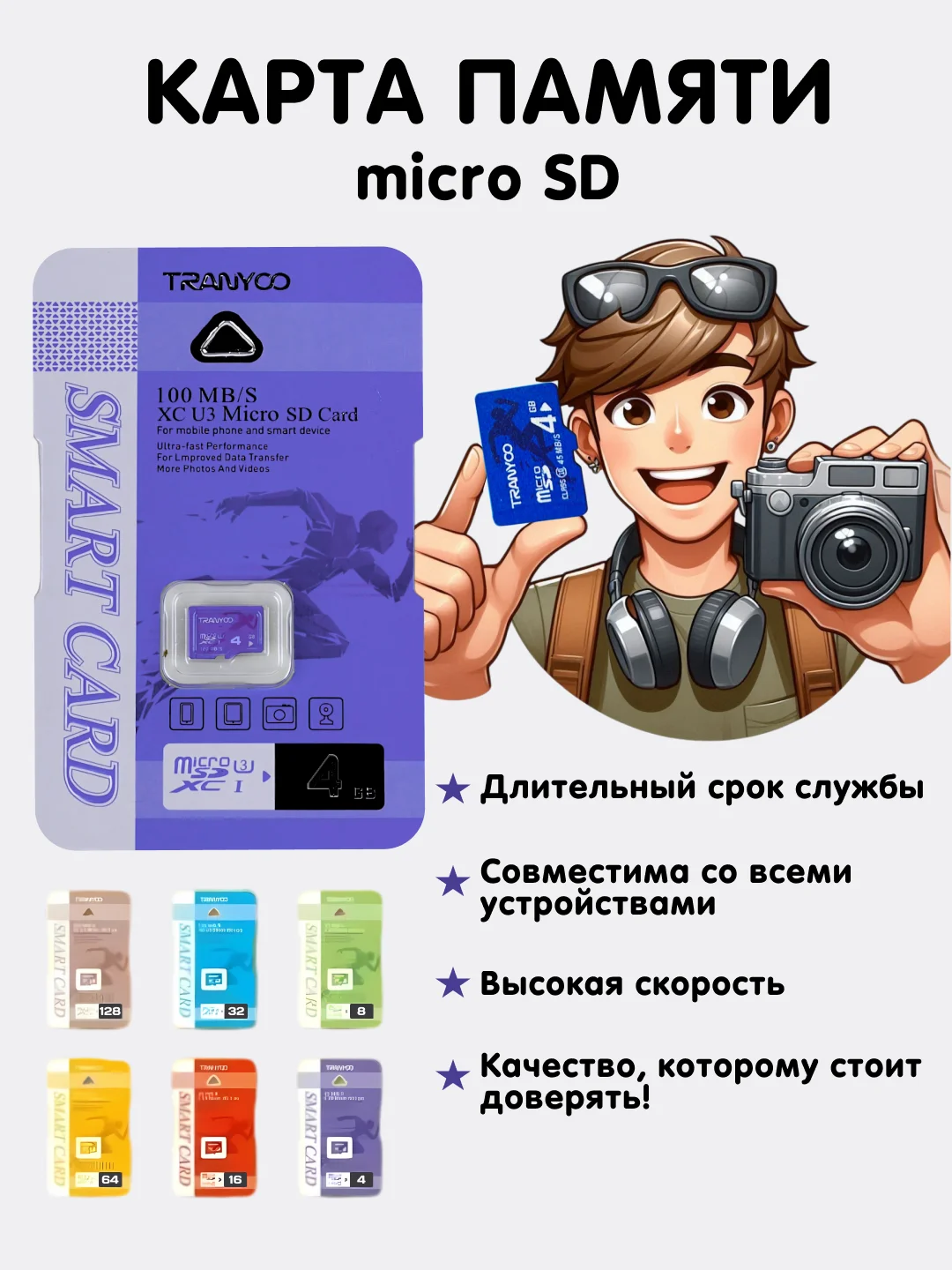 Карта памяти Tranyoo microSD 4/8/16/32/64/128GB, Premium Class, micro SD, микро сд, флешка