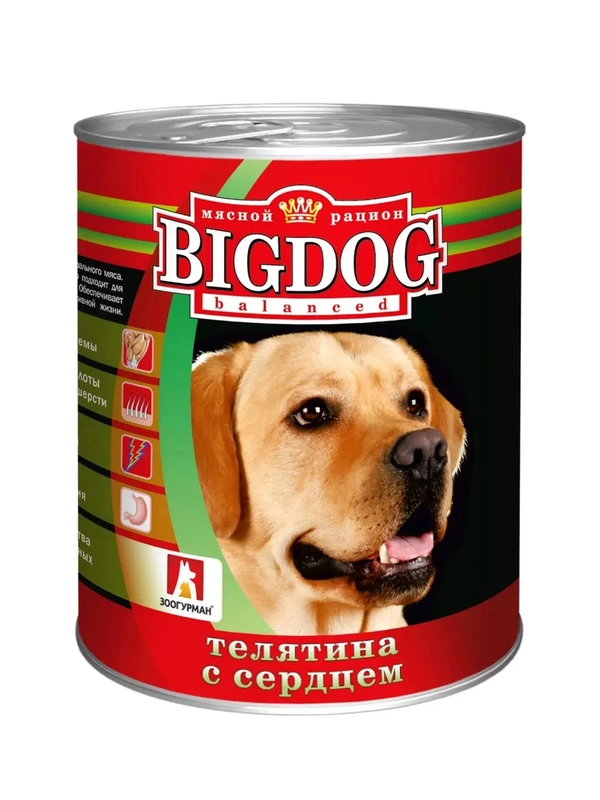 Влажный корм для собак Zoogurman "BIG DOG" Premium Телятина с сердцем, 850 г