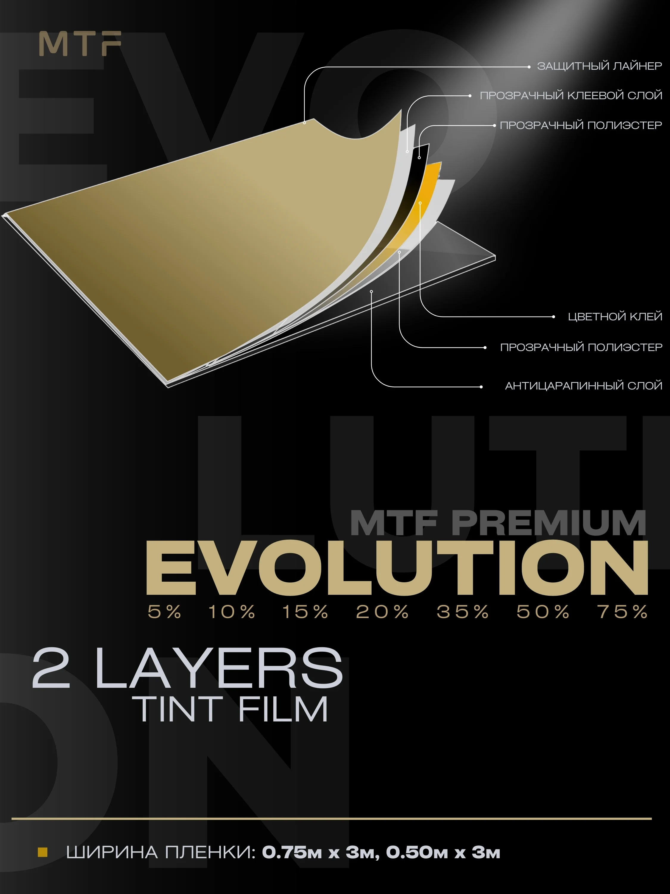 Пленка тонировочная "MTF" в тубе "Premium Еvolution" Black 2-ух слойная 2PL10%(0.75м х 3м)
