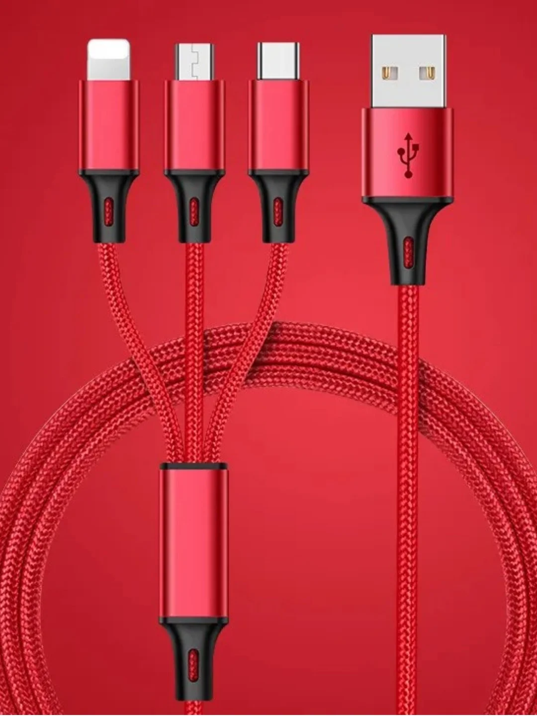 Красный зарядный провод 3 в 1 для Iphone (Lighthing), Micro USB, Type C, 1,2 метра