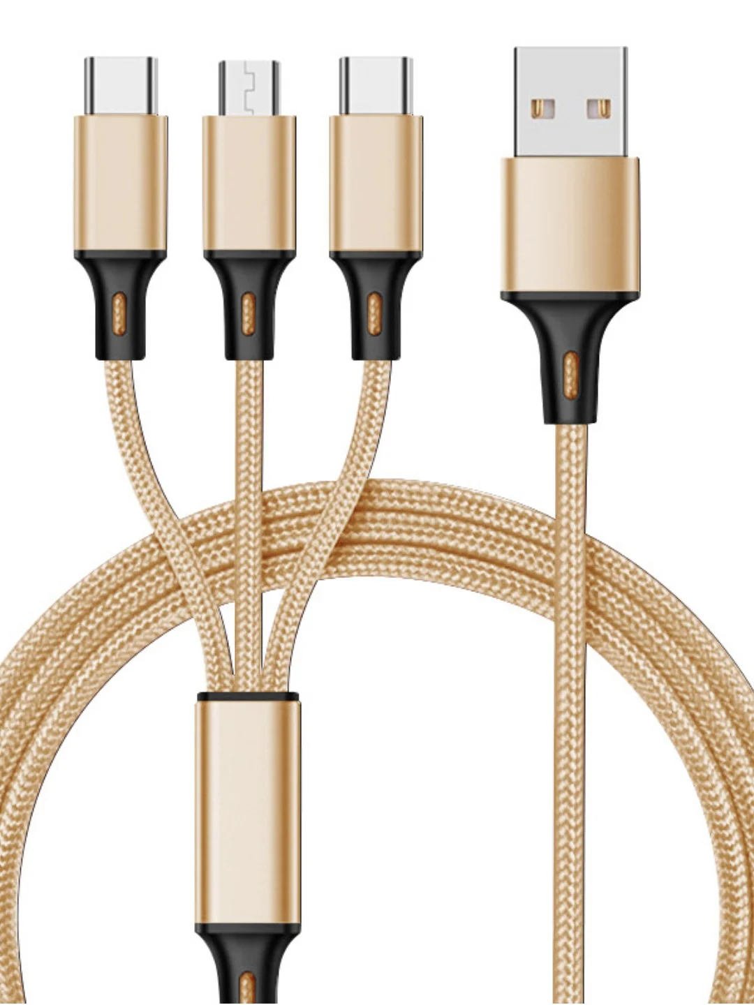 Золотой зарядный провод 3 в 1 для Iphone (Lighthing), Micro USB, Type C, 1,2 метра