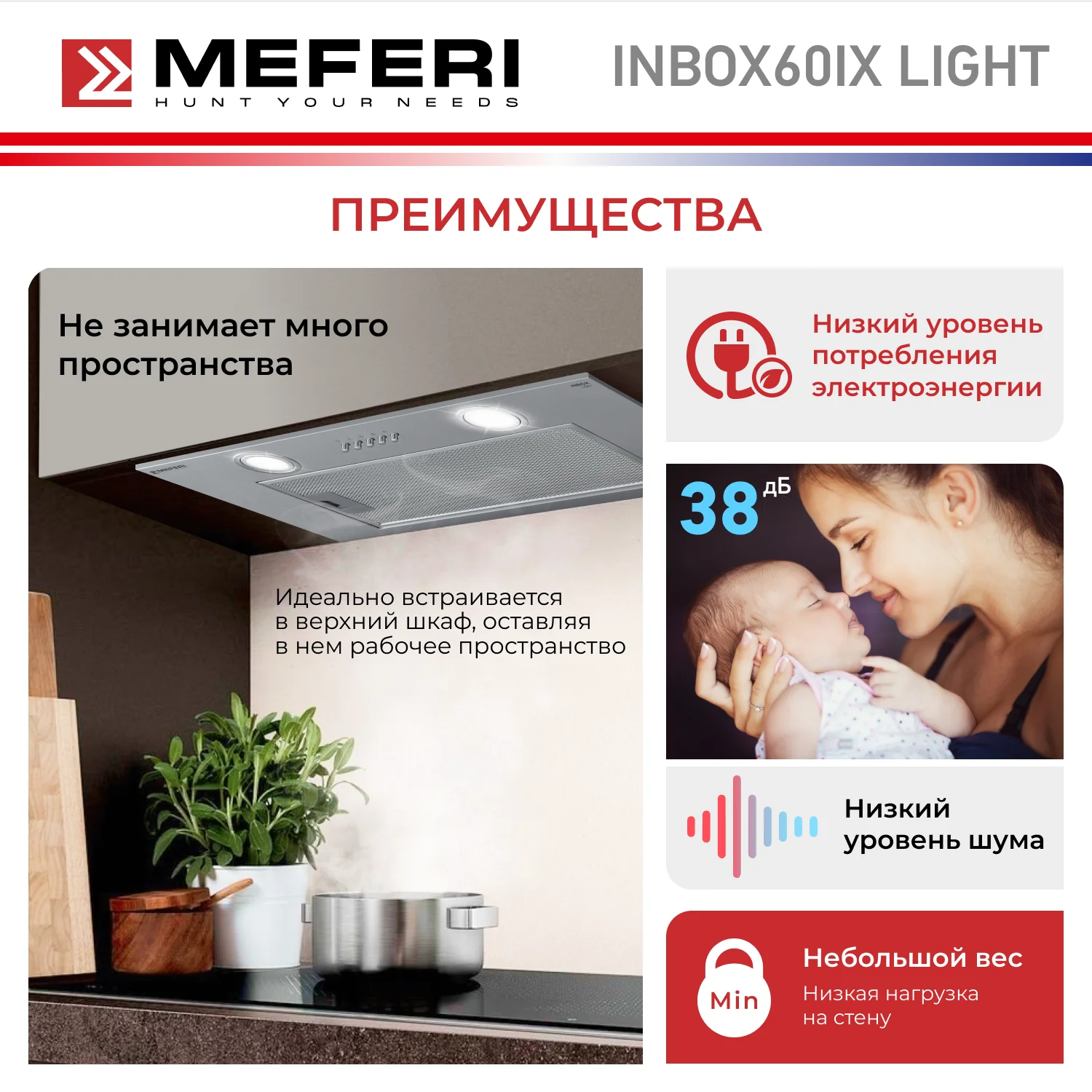 Вытяжка для кухни встраиваемая  MEFERI INBOX60IX LIGHT, ширина 60 см, серебристый