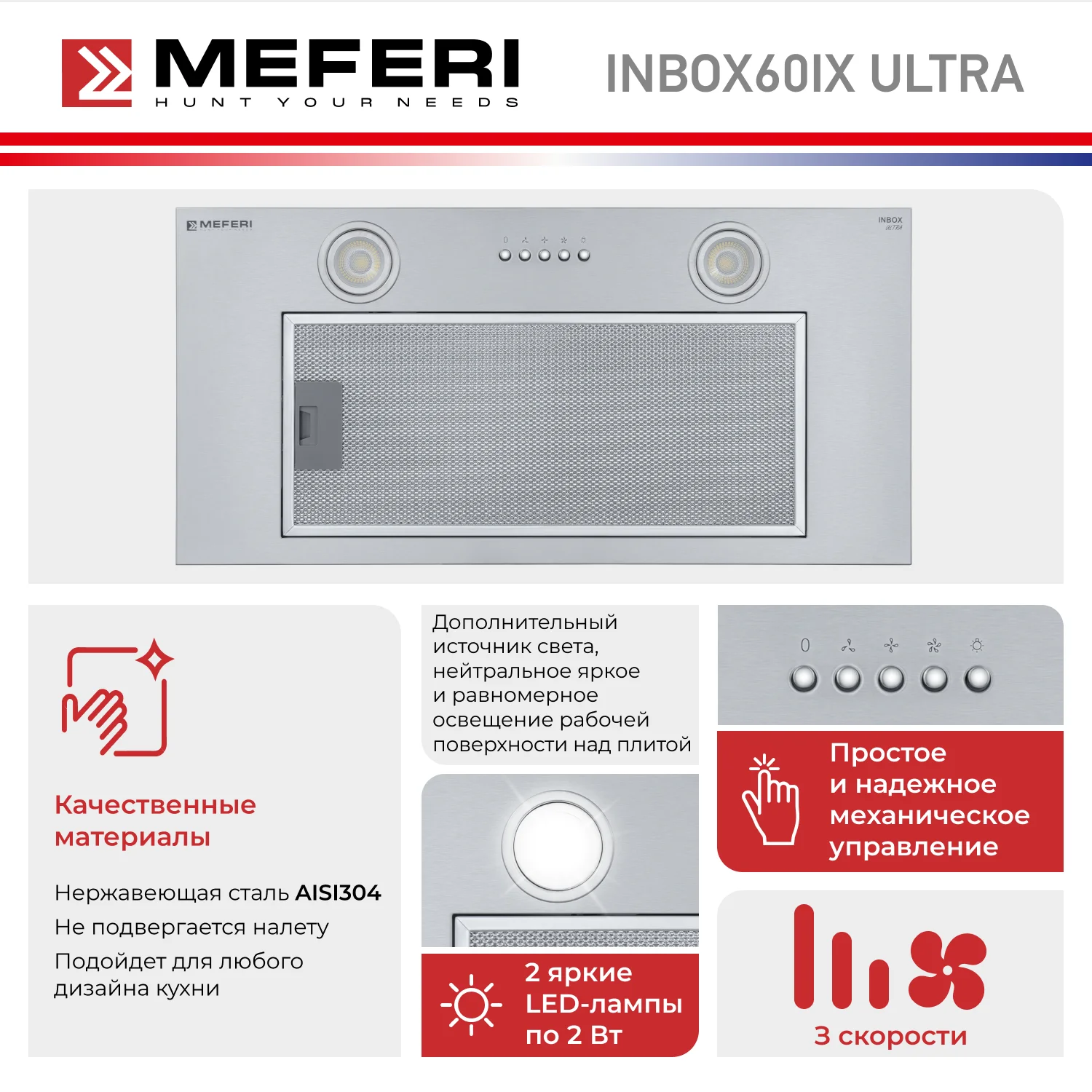 Вытяжка для кухни встраиваемая MEFERI INBOX60IX ULTRA, ширина 60 см, 1100 m3, серебристый