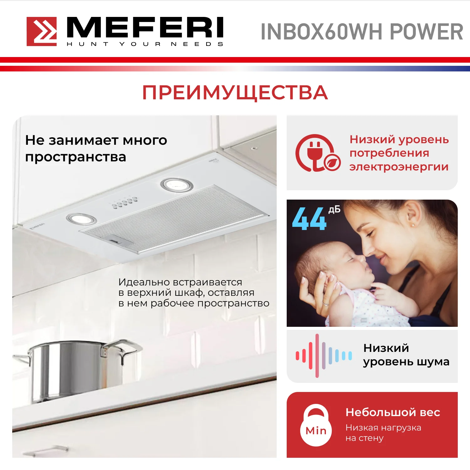 Вытяжка для кухни MEFERI INBOX60WH POWER, 60 см, белый, отвод, циркуляция