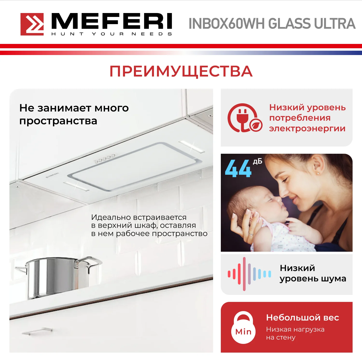 Белый вытяжка для кухни MEFERI INBOX60WH GLASS ULTRA. 60 см, стекло, белый