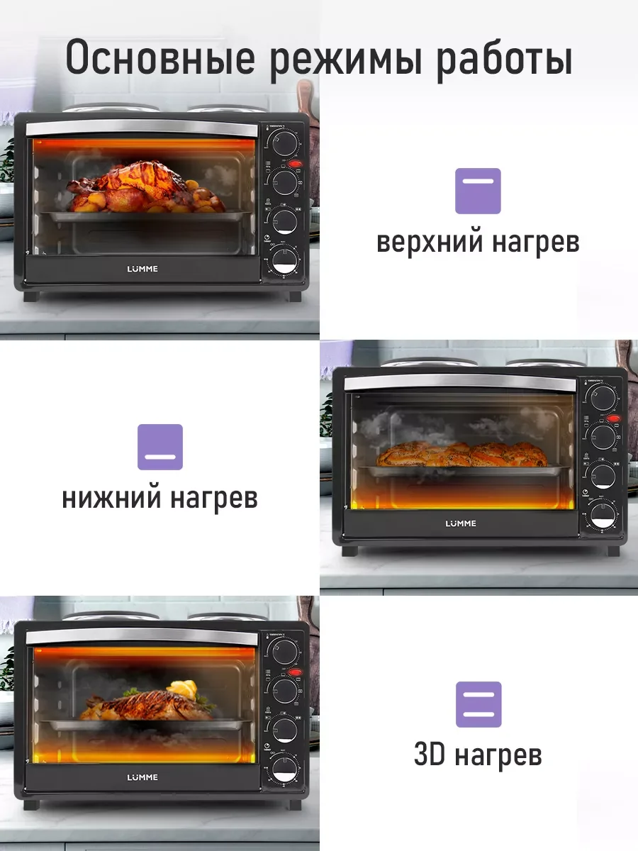 Черный духовой шкаф LUMME LU-EO1712B/2000 Вт/две конфорки/Объем 40л/ 4 нагр-х элемента/ 5 режимов