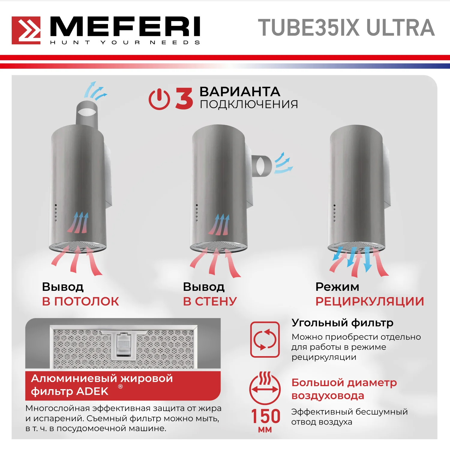 Цилиндрическая пристенная вытяжка MEFERI TUBE35IX ULTRA, серебристый