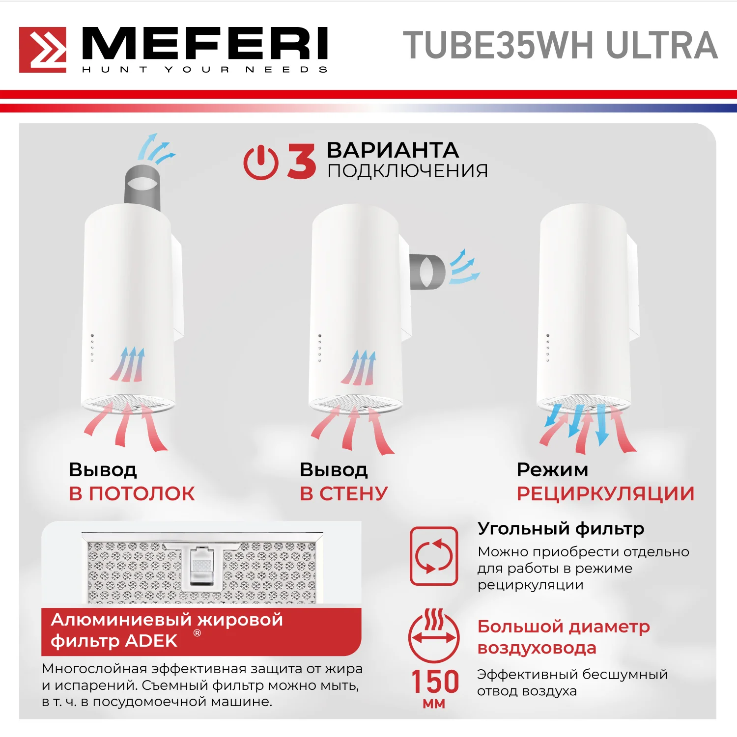 Цилиндрическая пристенная вытяжка MEFERI TUBE35WH ULTRA, белый