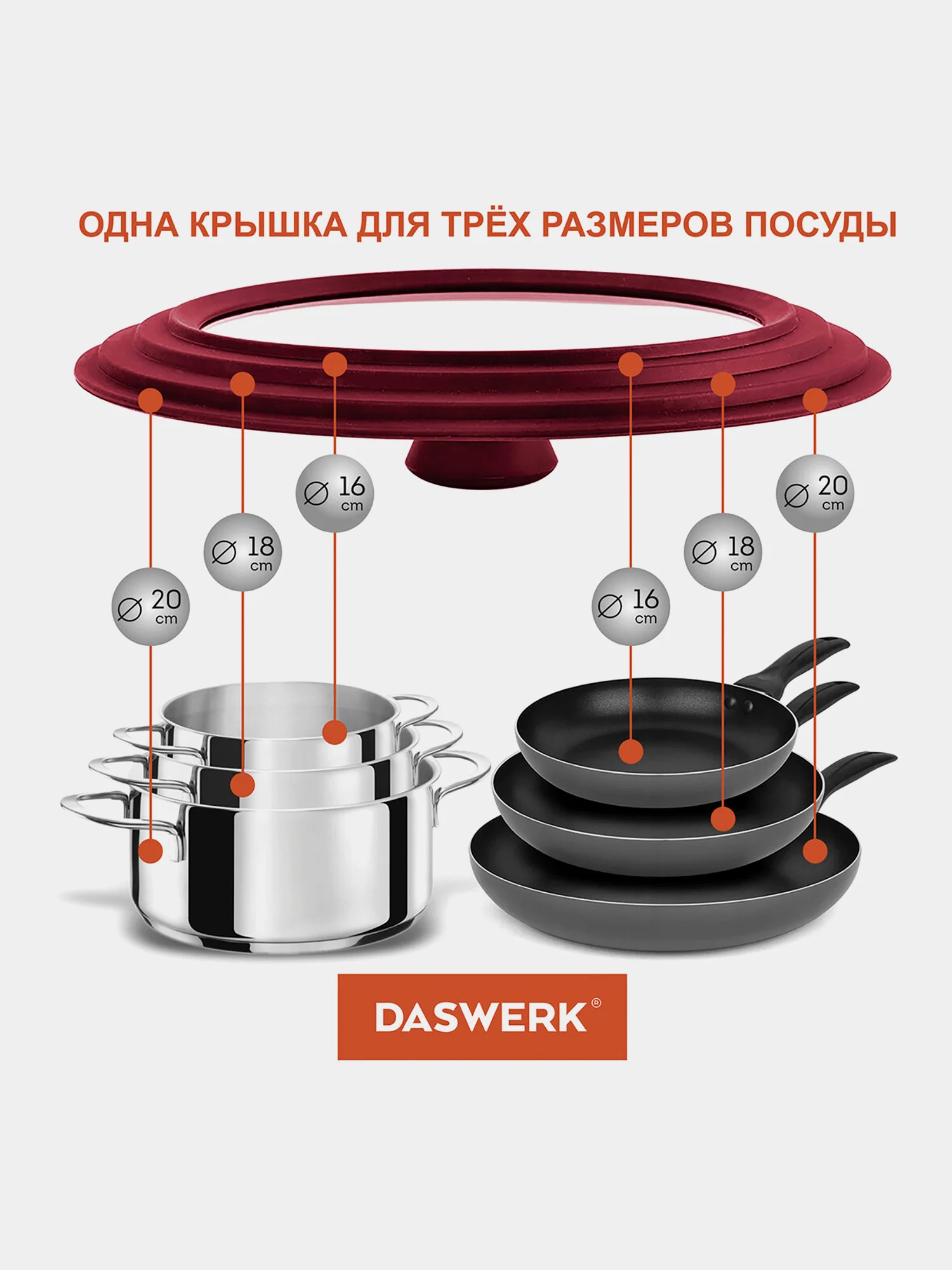 Крышка для любой сковороды и кастрюли, универсальная, 3 размера, 16, 18, 20 см, Daswerk