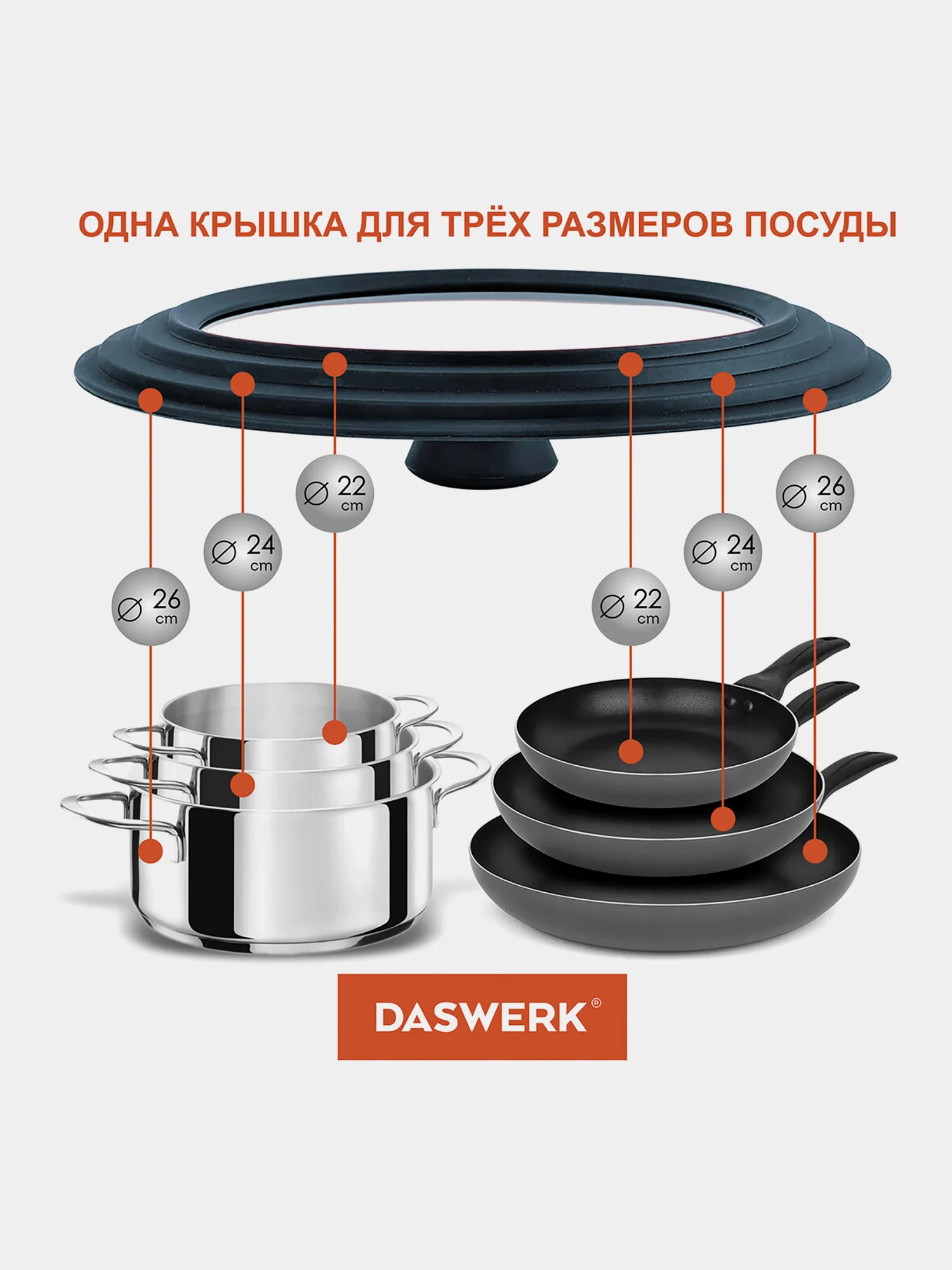 Крышка для любой сковороды и кастрюли универсальная 3 размера (22-24-26см) антрацит