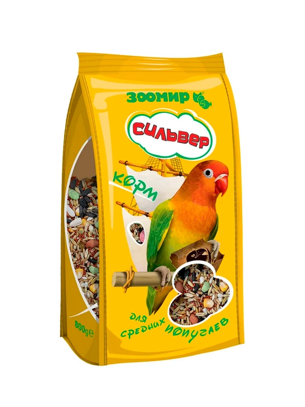 Корм для средних попугаев ЗООМИР "Сильвер", пакет, 800 г