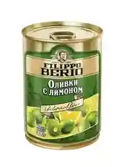 Оливки Filippo Berio без косточки, зелёные, с лимоном, в железной банке, 300 г