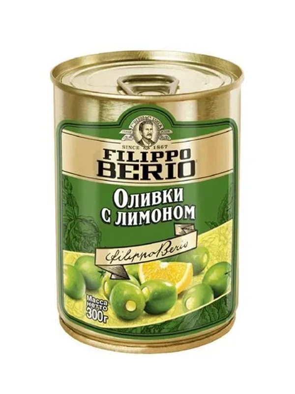 Оливки Filippo Berio без косточки, зелёные, с лимоном, в железной банке, 300 г