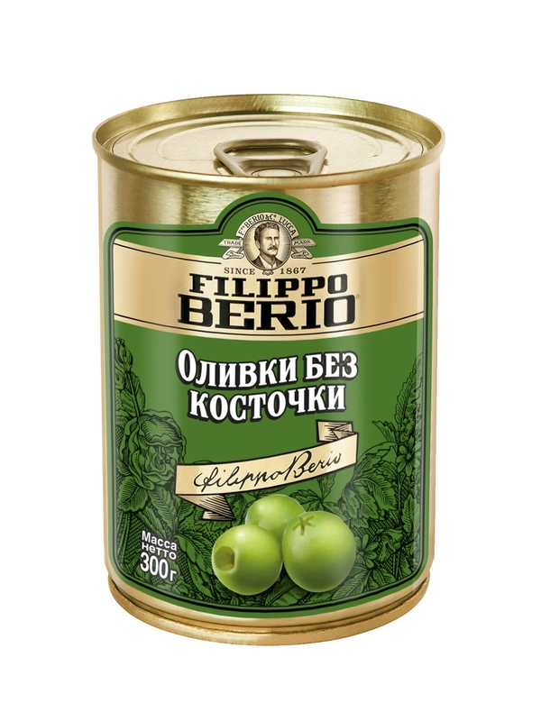 Оливки Filippo Berio без косточки, зелёные, в железной банке, 300 г