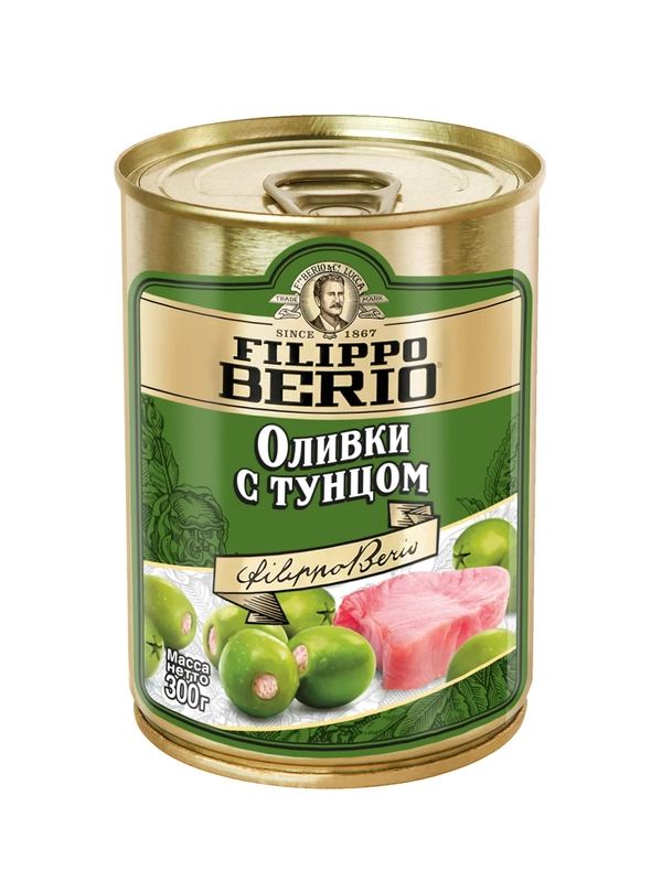 Оливки Filippo Berio без косточки, зелёные, с тунцом, в железной банке, 300 г