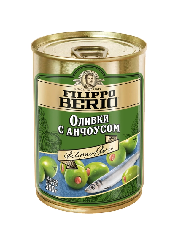 Оливки Filippo Berio без косточки, зелёные, с анчоусом, в железной банке, 300 г