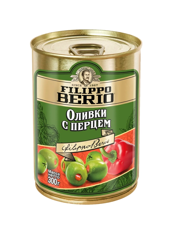 Оливки Filippo Berio без косточки, зелёные, с перцем, в железной банке, 300 г