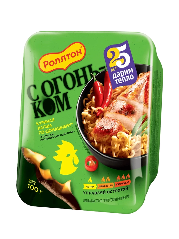 Лапша быстрого приготовления Роллтон куриная с соусом Огненно-острый чили, 100г