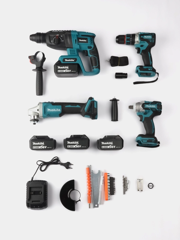 Набор инструментов Makita 4 в 1 аккумуляторный: УШМ, гайковерт,дрель,шуруповерт