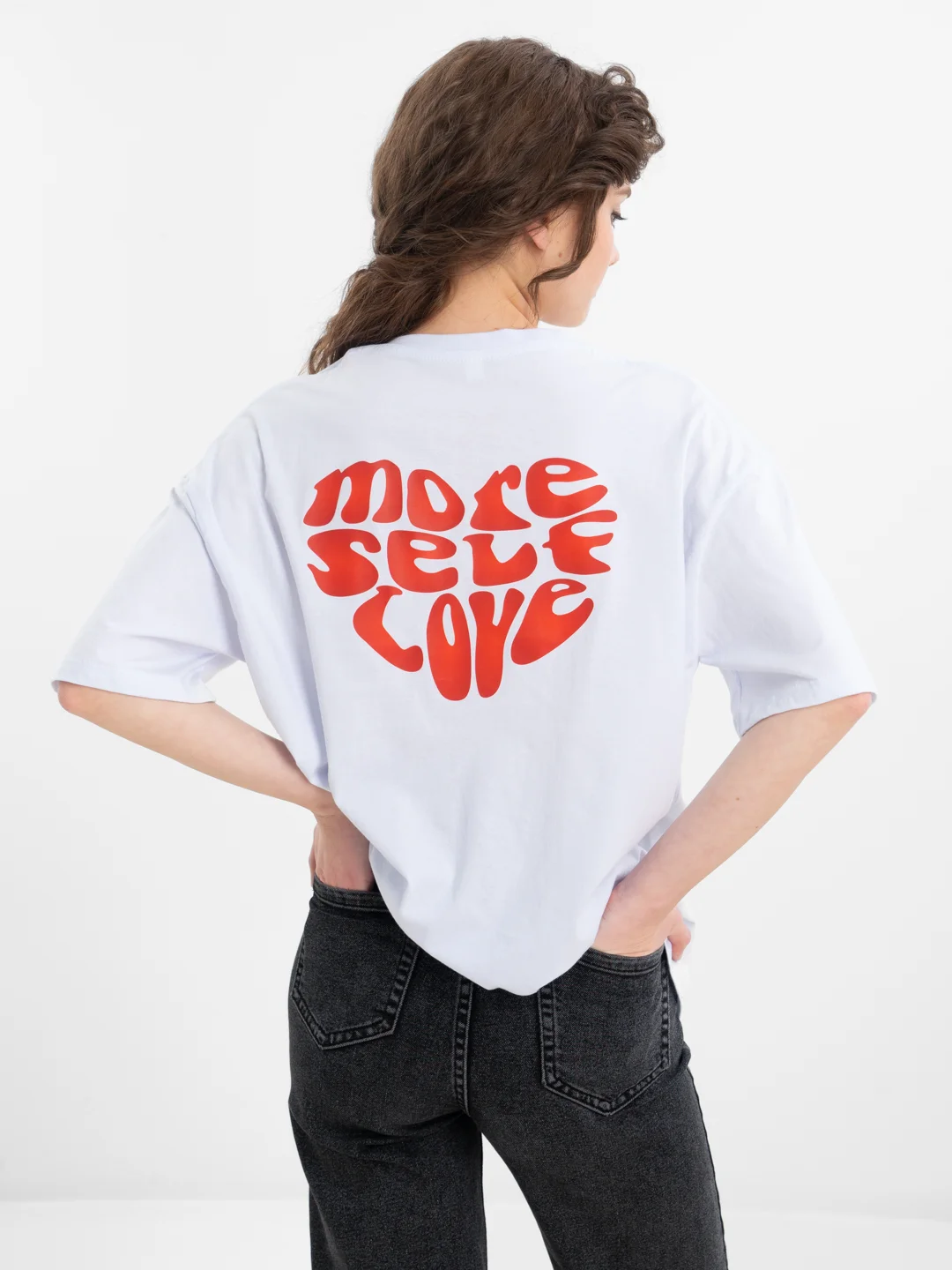Белый футболка оверсайз "More self love" унисекс, с принтом, хлопок, Oversize T-Shirt printed