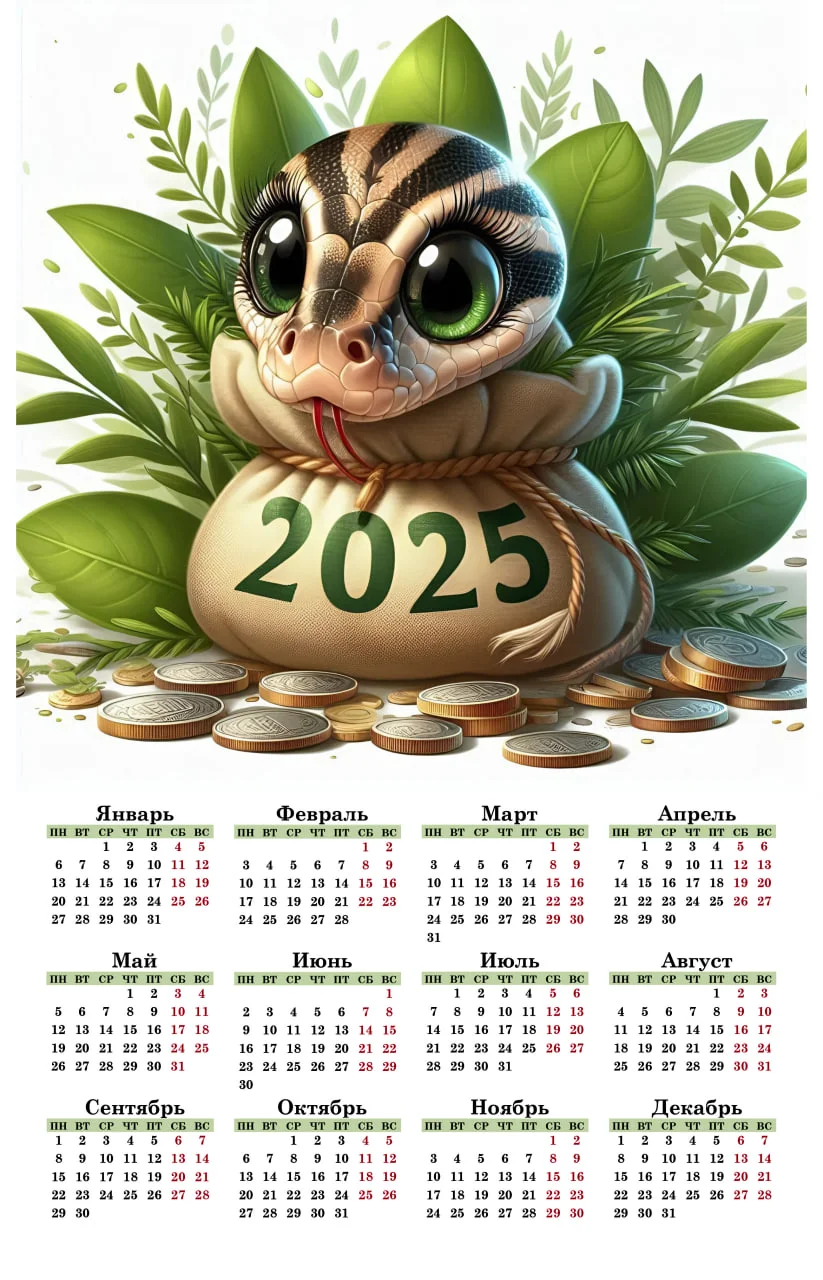 Зеленый календарь 2025, змея символ года