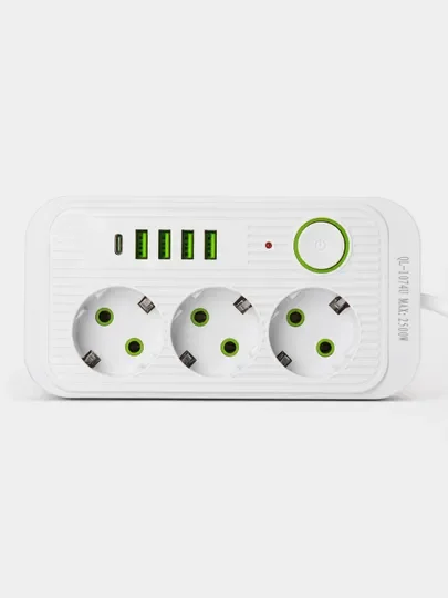 Белый удлинитель сетевой, фильтр 3 метра, 3 розетки с 4 USB и 1 Type-C портами и кнопкой