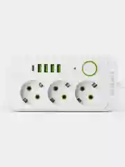 Белый удлинитель сетевой, фильтр 3 метра, 3 розетки с 4 USB и 1 Type-C портами и кнопкой