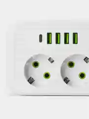 Белый удлинитель сетевой, фильтр 3 метра, 3 розетки с 4 USB и 1 Type-C портами и кнопкой