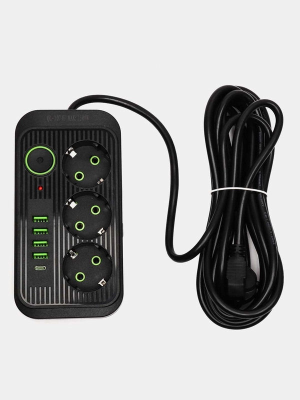 Удлинитель сетевой, фильтр 3 метра, 3 розетки с 4 USB и 1 Type-C портами и кнопкой